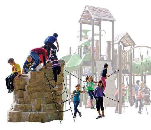Kids playing on commercial playground with rock and rope climbers