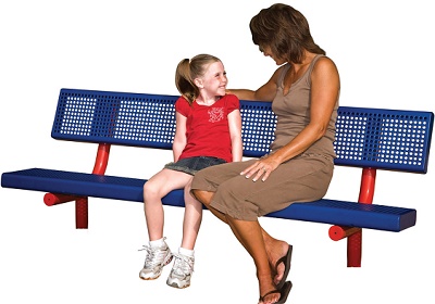 Mom and daughter sitting on blue and red park bench
